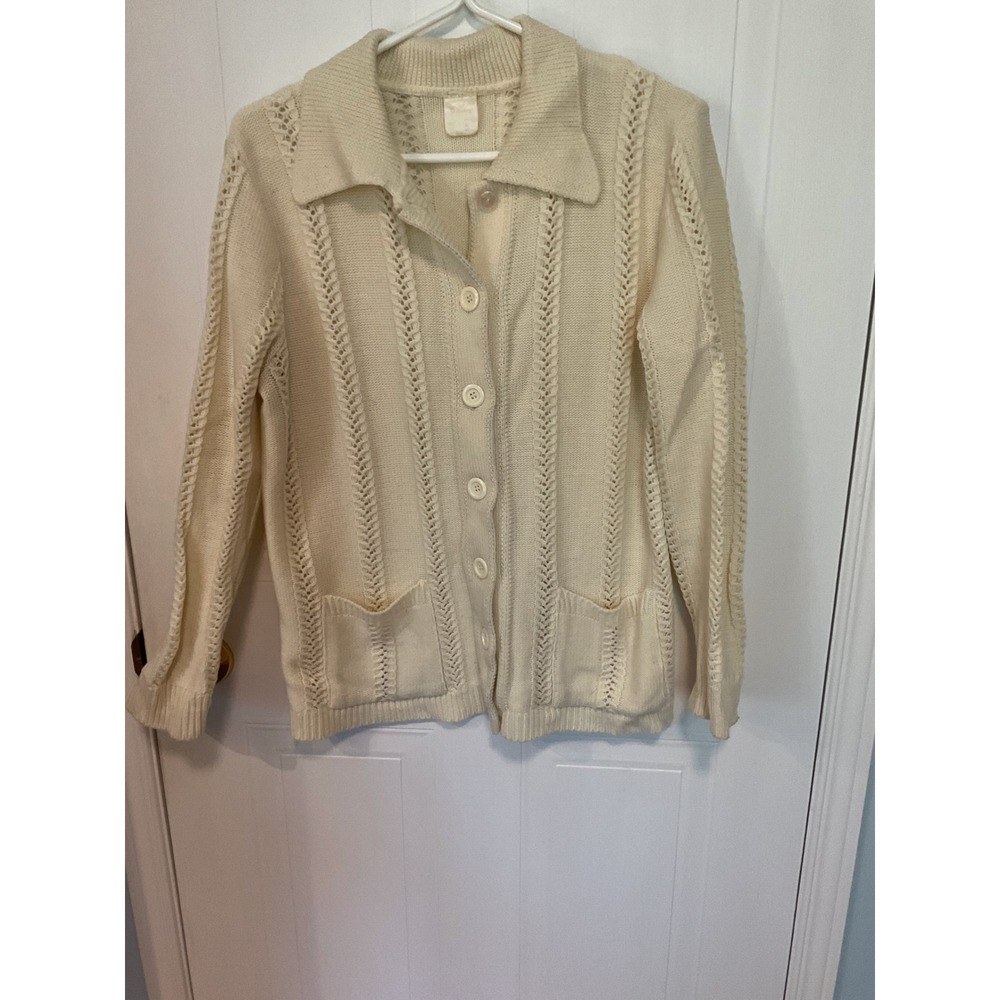 St Michael Cardigan Sweater Womens 18 Cream Excellent Vintage Pointelle Knit